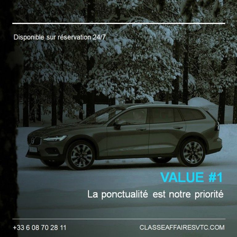 Volvo V60 Classe-Affaires VTC Haute-Savoie Voiture stationnée dans un environnement enneigé avec le texte sur la ponctualité.