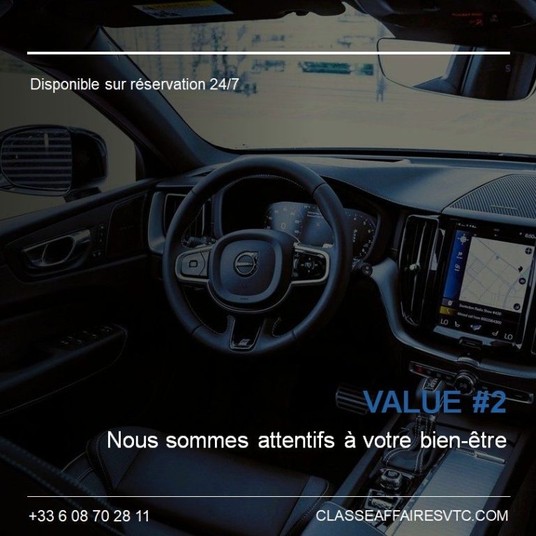 Volvo V60 Classe-Affaires VTC Haute-Savoie Intérieur d'une voiture de luxe avec tableau de bord moderne et écran tactile.