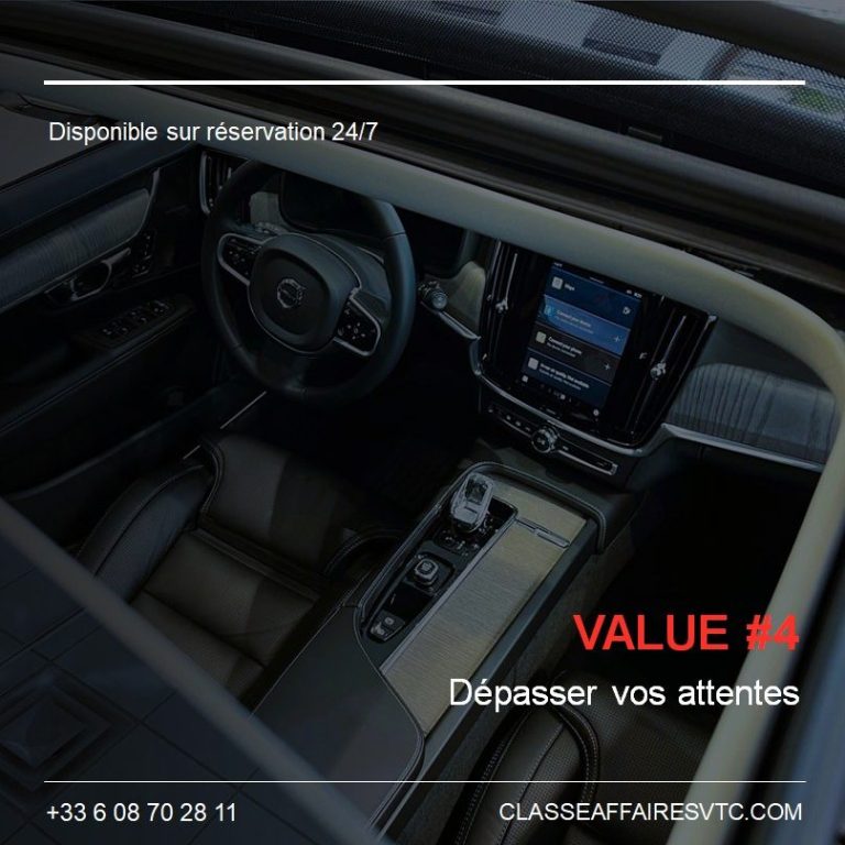 Volvo V60 Classe-Affaires VTC Haute-Savoie Intérieur d'une voiture haut de gamme avec écran et finitions élégantes.